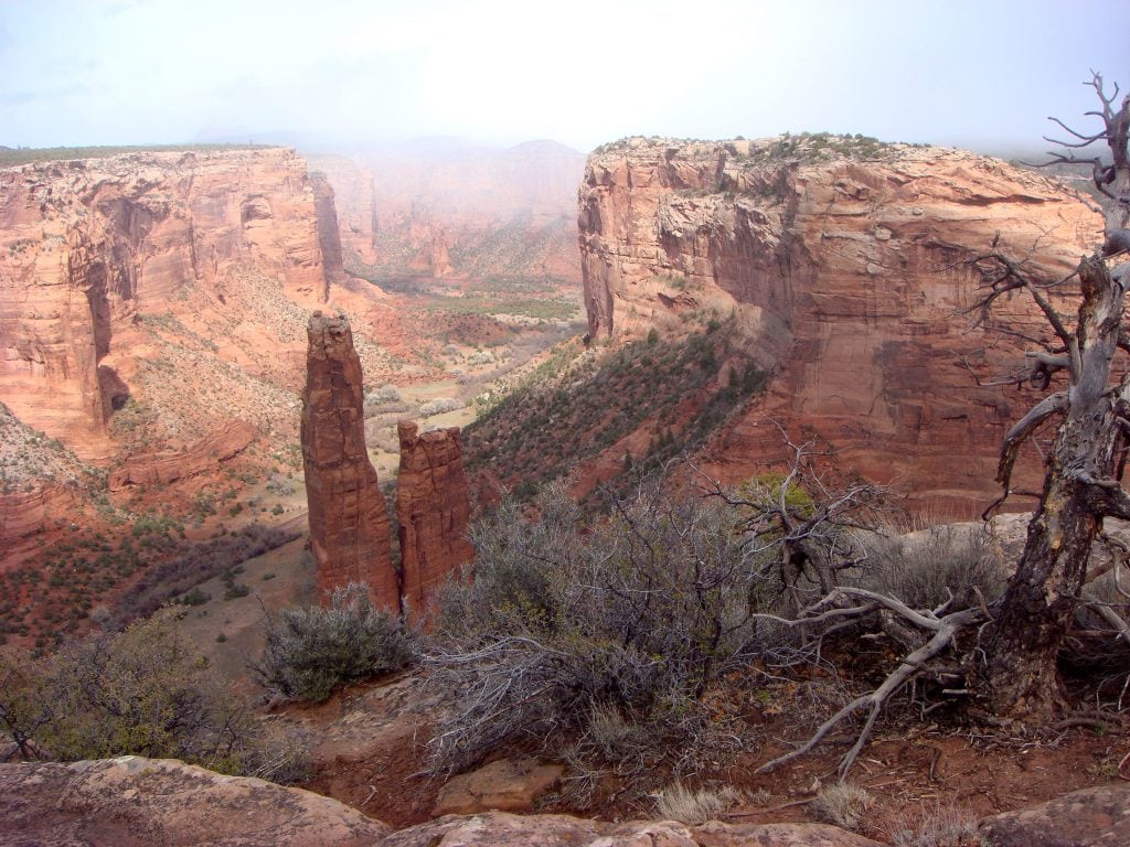 Spider Rock rising from the floor of Canyon de Chelly in Arizona.
