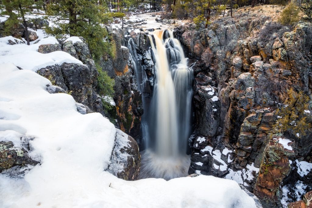 Sycamore Falls with snow cover in the winter time.