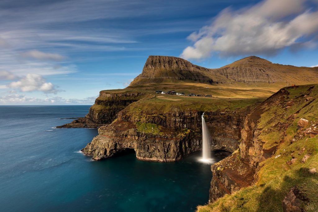  Múlafossur Waterfall in the Faroe Islands looks like it's falling off the edge of the world.