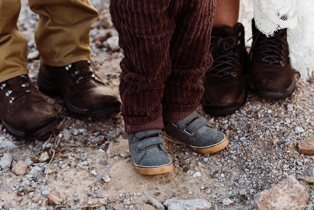 adult and kids' hiking boots for a hiking elopement