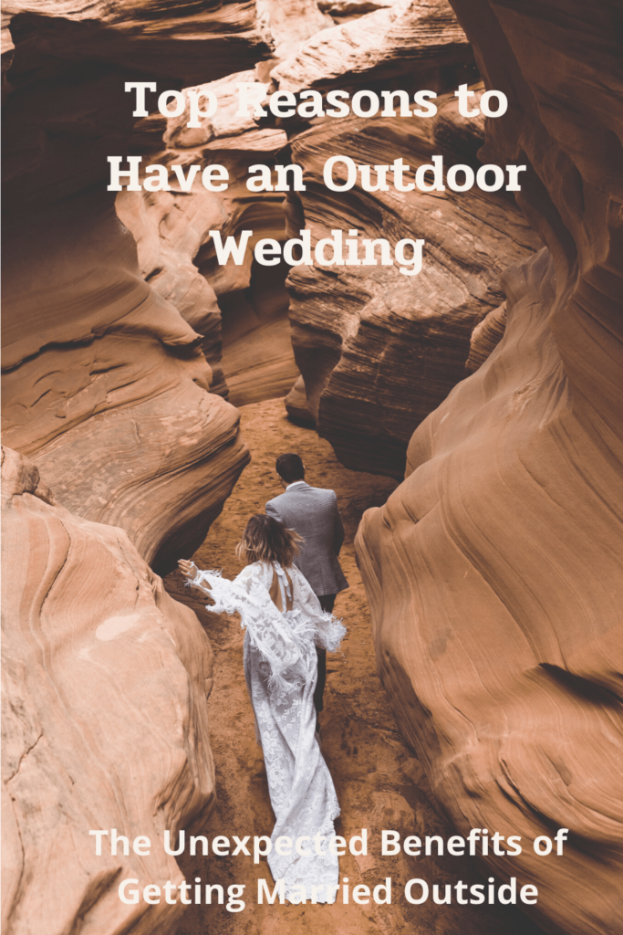 Wedding couple running through a slot canyon in Arizona during their outdoor wedding.